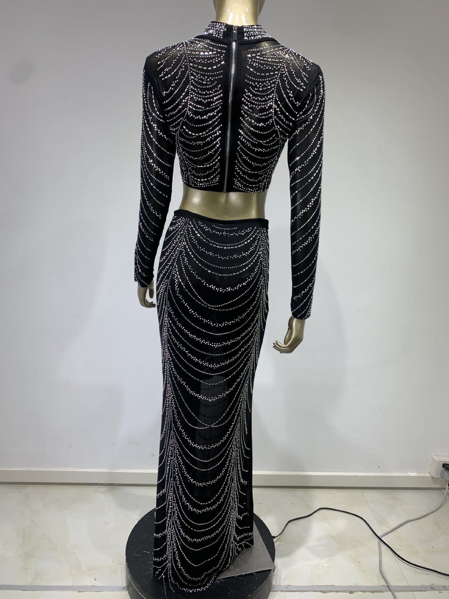 See-through Rhinestone Short Top High Waist Skirt Suit
