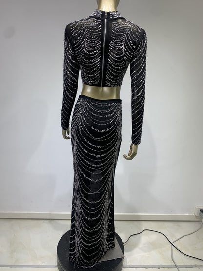 See-through Rhinestone Short Top High Waist Skirt Suit