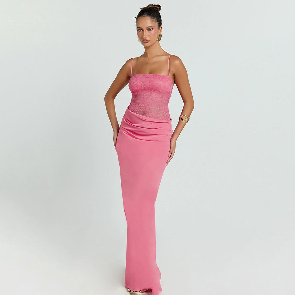 Sexy Chic Strapless Lace-Patchwork Evening Gown Long Fashion Street-Style Slim-Fit Slip Dress With Open Back