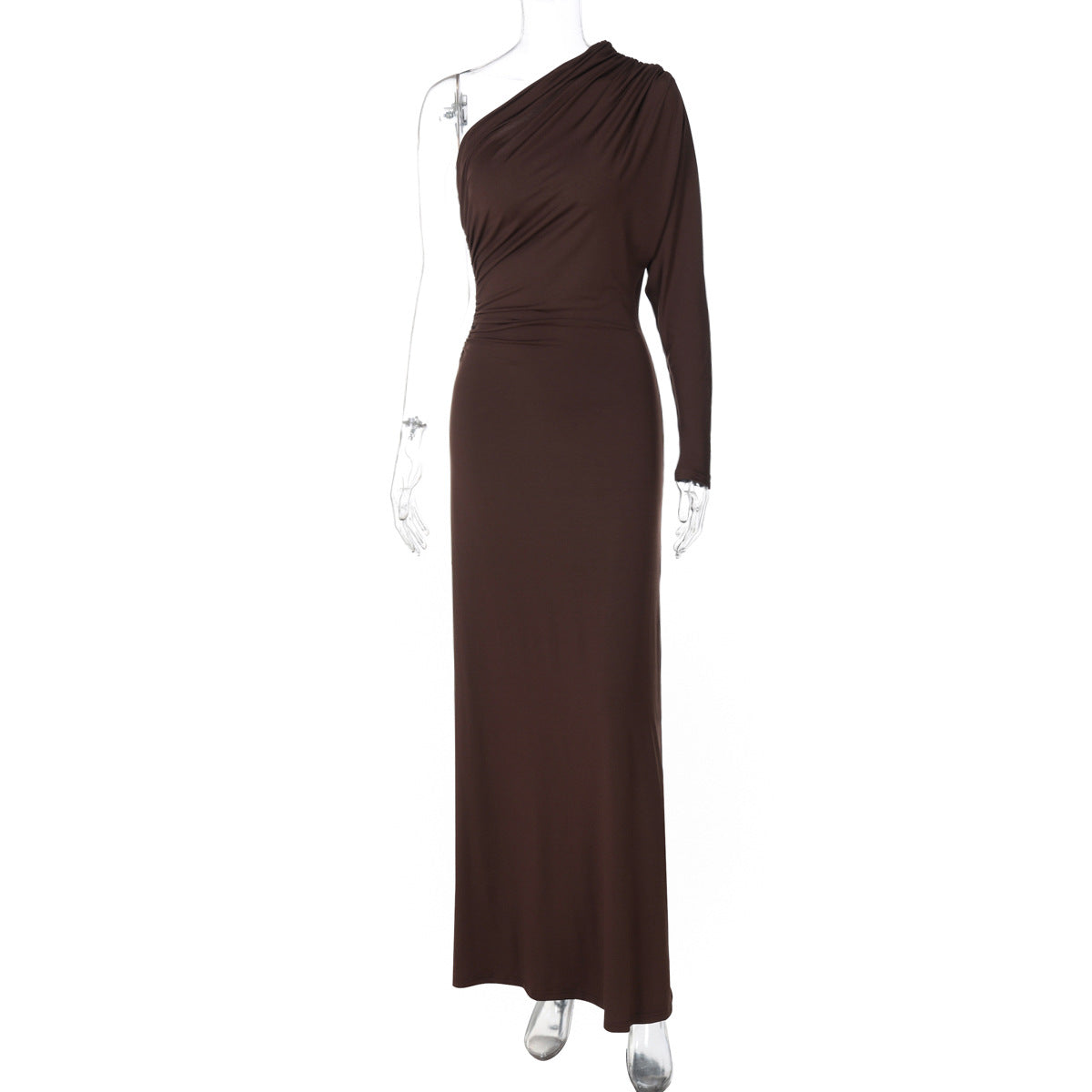 Fashionable Chic Asymmetrical Off-Shoulder One-Sleeve Pleated Maxi Dress