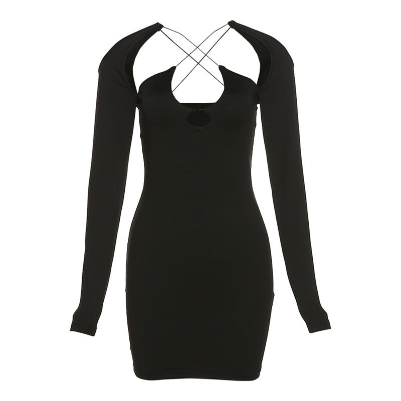 Fashion  Hollow Solid Color Long Sleeve Slim Fit Hip Dress