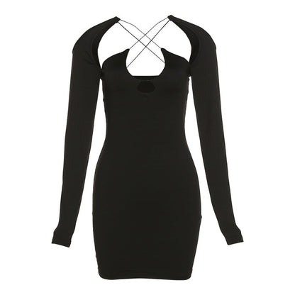 Fashion  Hollow Solid Color Long Sleeve Slim Fit Hip Dress