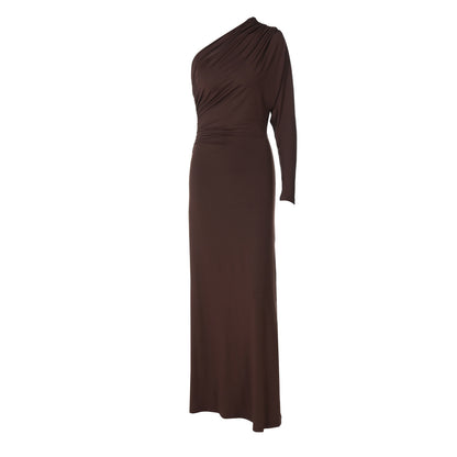 Fashionable Chic Asymmetrical Off-Shoulder One-Sleeve Pleated Maxi Dress