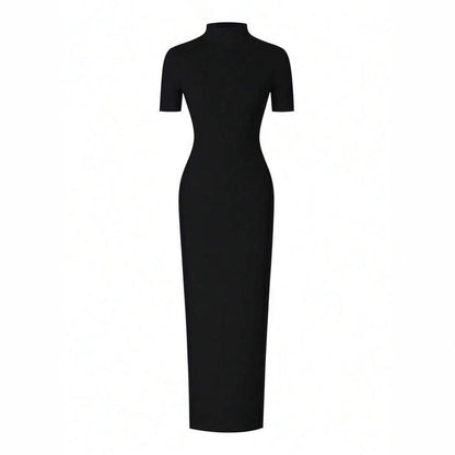 Womens Solid-Colored Short-Sleeve Mock Neck Pleated Slit Dress