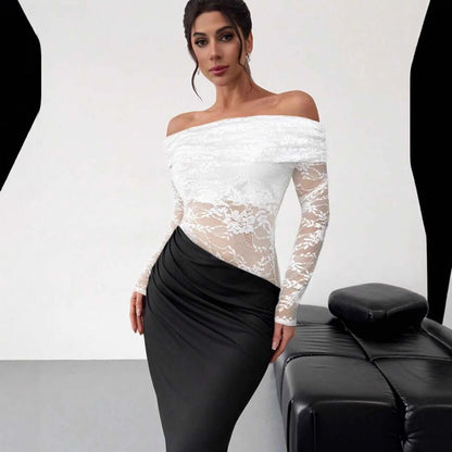 Womens Sexy Hollow-Out Lace Long-Sleeve Dress