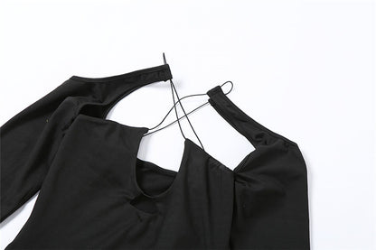 Fashion  Hollow Solid Color Long Sleeve Slim Fit Hip Dress