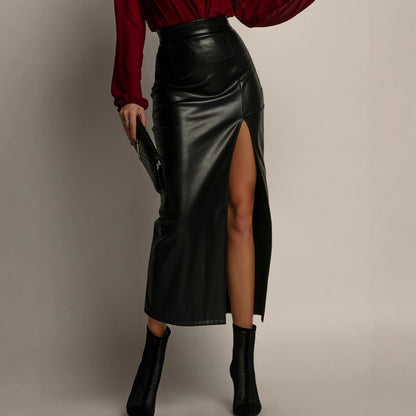 High-waisted Figure-flattering Solid-color Leather Pencil Skirt