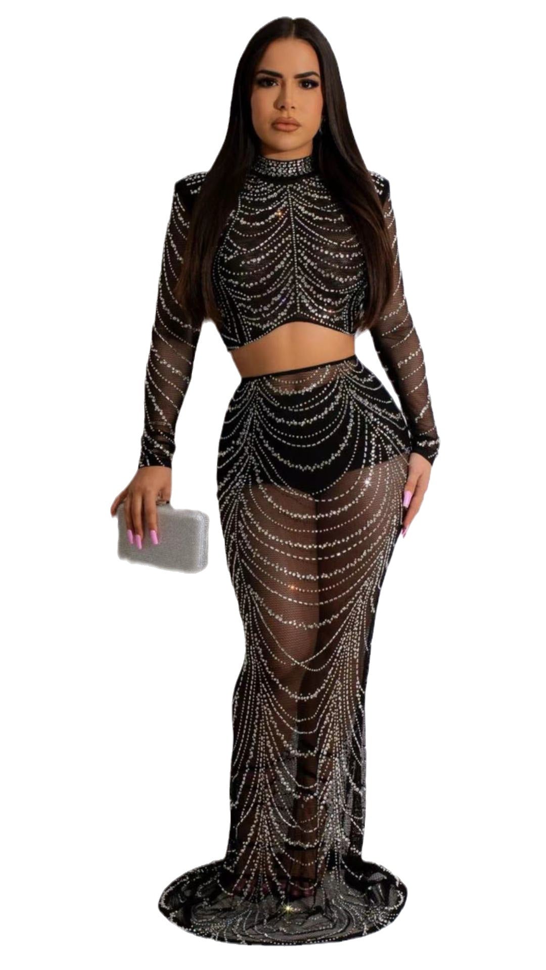 See-through Rhinestone Short Top High Waist Skirt Suit