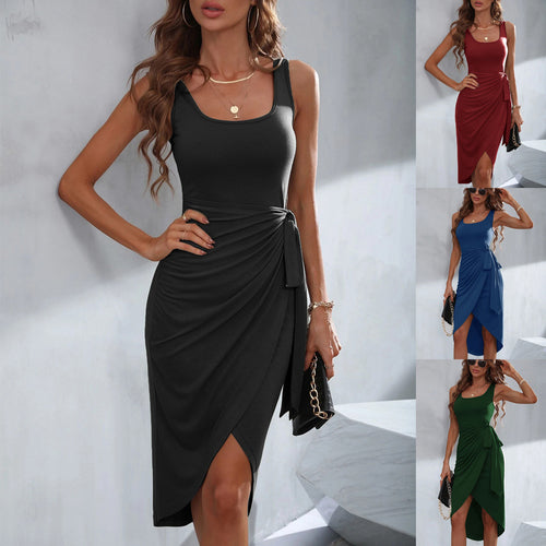 Women's Solid Color Asymmetrical Square-Neck Sleeveless Dress