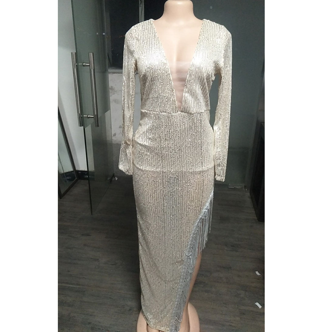 Deep V Long Sleeve Side Split Sexy Asymmetrical Dress