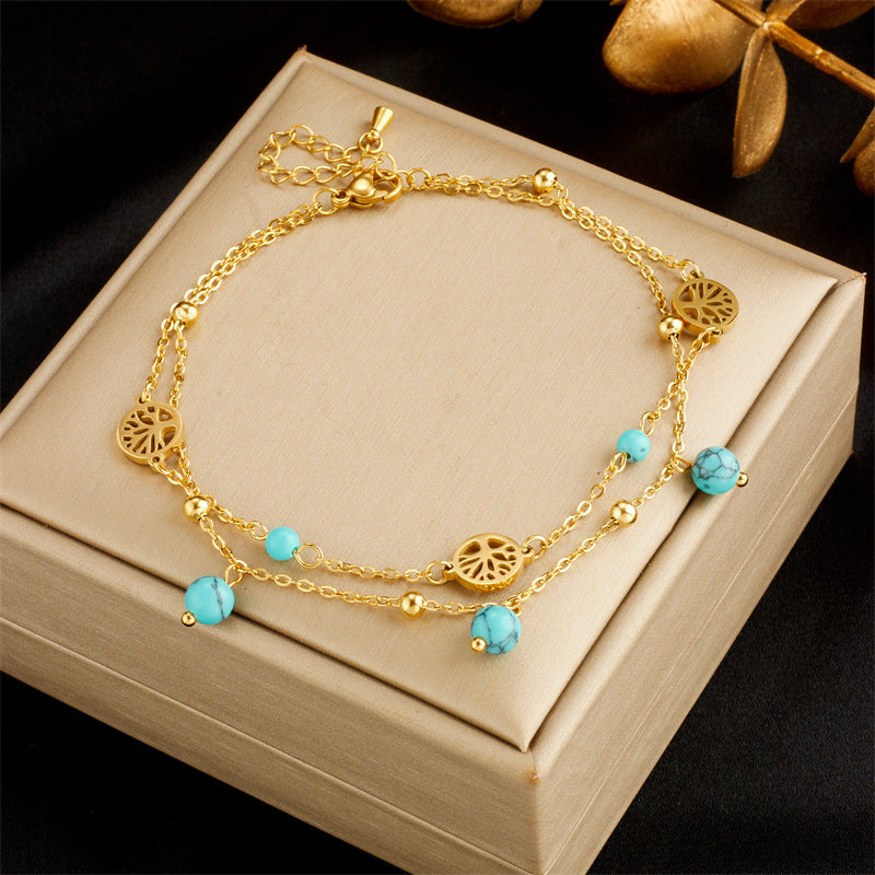 Fashionable Heart-Shaped White Shell Life Tree Butterfly Womens Anklet