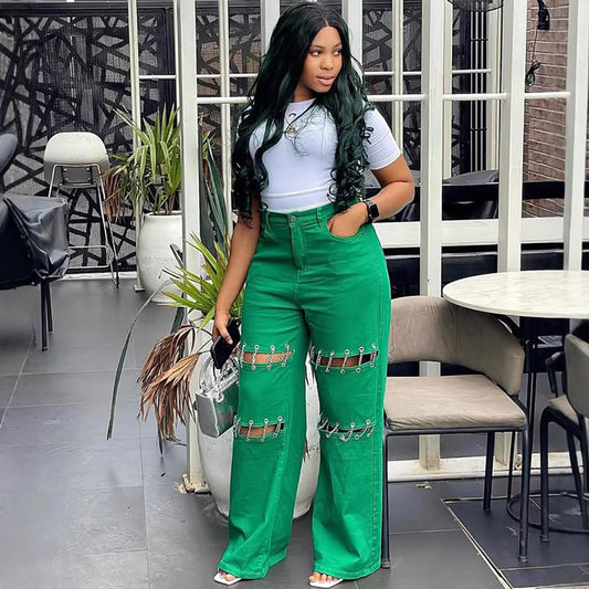 Womens Patchwork Casual Hole-Studded Chain-Trimmed Pants