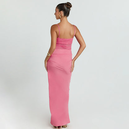Sexy Chic Strapless Lace-Patchwork Evening Gown Long Fashion Street-Style Slim-Fit Slip Dress With Open Back