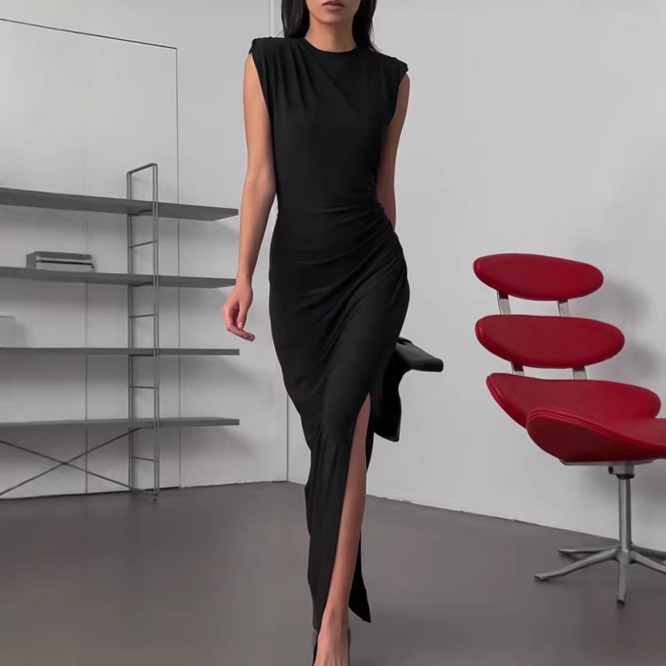 Spring Designer Crew-Neck Defined-Waist Dress For Women