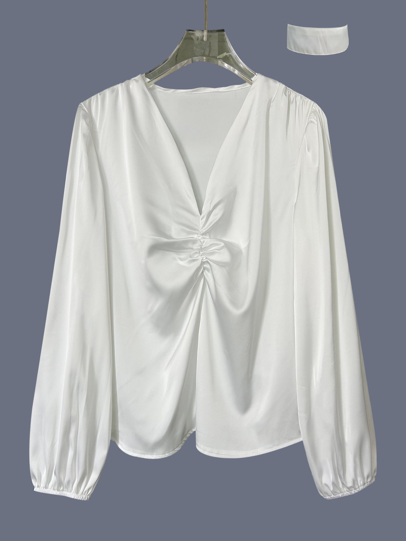 Solid-color French-style Womens Top With Tummy-flattering Pleats And Long Sleeves