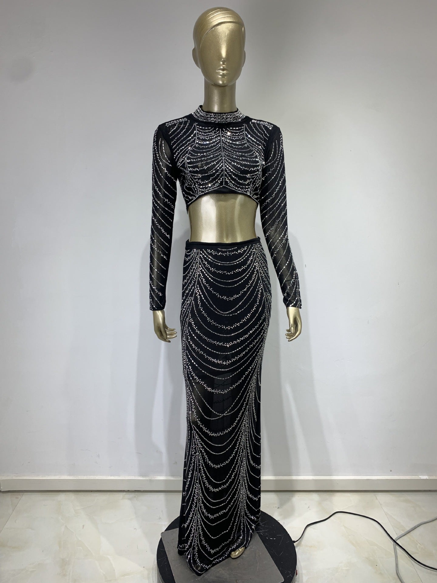 See-through Rhinestone Short Top High Waist Skirt Suit