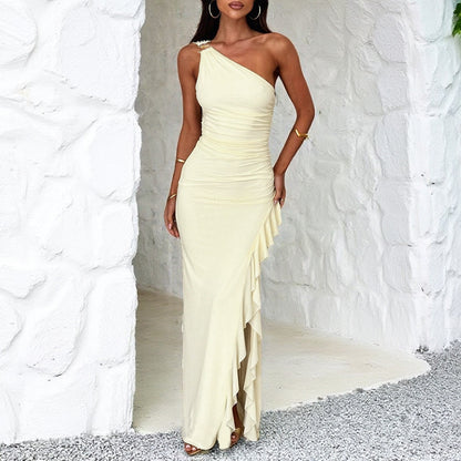 Women's Slant-Shoulder Ruffle-Front Split Dress