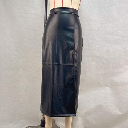 High-waisted Figure-flattering Solid-color Leather Pencil Skirt