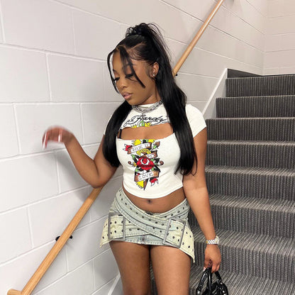 Printed Rose Slim Crop-top Short Top