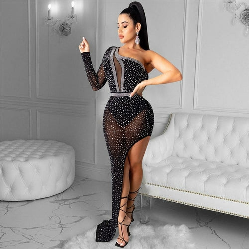 Women Party Dresses Stunning Crystals Rhinestones One Shoulder Long