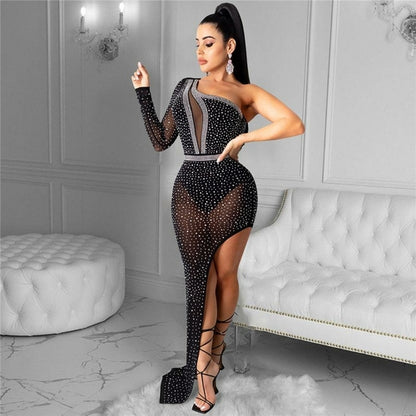 Women Party Dresses Stunning Crystals Rhinestones One Shoulder Long