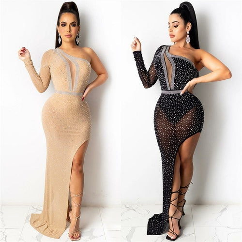 Women Party Dresses Stunning Crystals Rhinestones One Shoulder Long