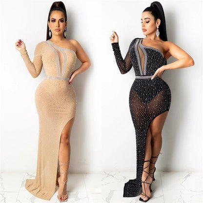 Women Party Dresses Stunning Crystals Rhinestones One Shoulder Long